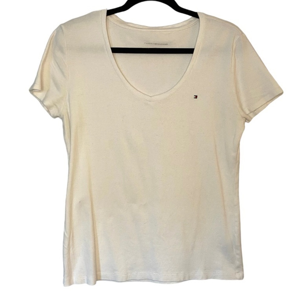 Tommy Hilfiger Thick White Cotton V-Neck T Shirt Short Sleeves Large